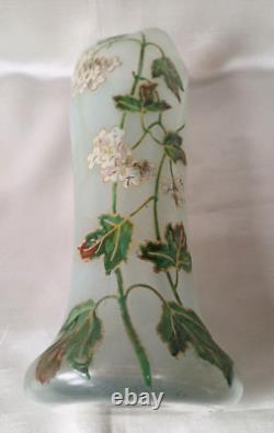 Legras Art Nouveau'Belgrade' Shape Ivy Leaf & Flowers Enamelled Glass Vase. 1