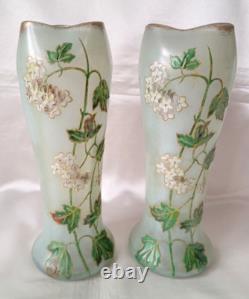 Legras Art Nouveau'Belgrade' Shape Ivy Leaf & Flowers Enamelled Glass Vase. 1