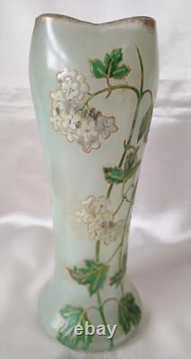 Legras Art Nouveau'Belgrade' Shape Ivy Leaf & Flowers Enamelled Glass Vase. 2