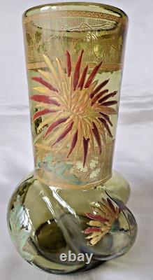 Legras Art Nouveau Chrysanthemum Enamelled Green'Marignan' Glass Vase. C1900 2