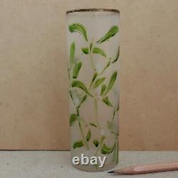 Legras French Cameo Glass Vase Art Nouveau Enameled Mistletoe Leaves Cylinder