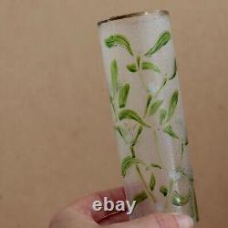 Legras French Cameo Glass Vase Art Nouveau Enameled Mistletoe Leaves Cylinder