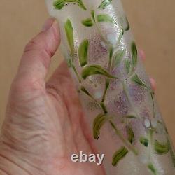 Legras French Cameo Glass Vase Art Nouveau Enameled Mistletoe Leaves Cylinder