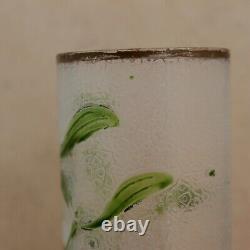 Legras French Cameo Glass Vase Art Nouveau Enameled Mistletoe Leaves Cylinder