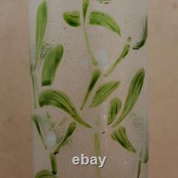 Legras French Cameo Glass Vase Art Nouveau Enameled Mistletoe Leaves Cylinder