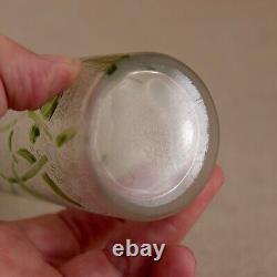 Legras French Cameo Glass Vase Art Nouveau Enameled Mistletoe Leaves Cylinder