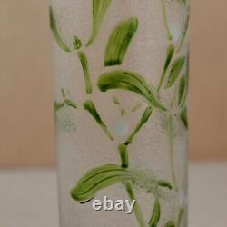 Legras French Cameo Glass Vase Art Nouveau Enameled Mistletoe Leaves Cylinder