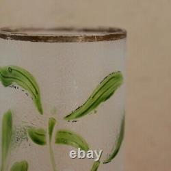 Legras French Cameo Glass Vase Art Nouveau Enameled Mistletoe Leaves Cylinder