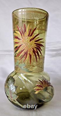 Legras'Marignan' Art Nouveau Chrysanthemum Enamelled Green Glass Vase. C1900 1