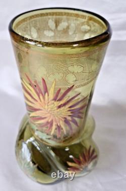 Legras'Marignan' Art Nouveau Chrysanthemum Enamelled Green Glass Vase. C1900 1