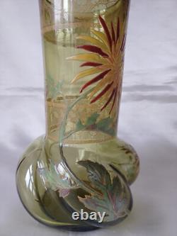 Legras'Marignan' Art Nouveau Chrysanthemum Enamelled Green Glass Vase. C1900 1