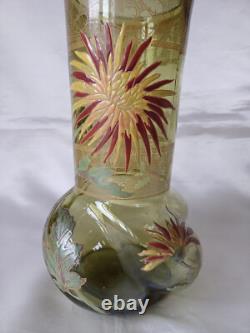 Legras'Marignan' Art Nouveau Chrysanthemum Enamelled Green Glass Vase. C1900 1