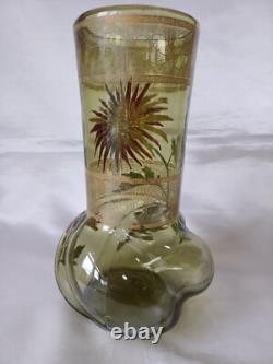 Legras'Marignan' Art Nouveau Chrysanthemum Enamelled Green Glass Vase. C1900 1