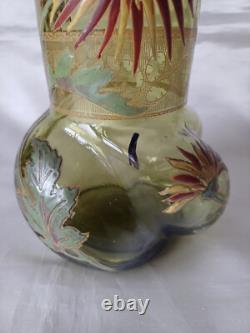 Legras'Marignan' Art Nouveau Chrysanthemum Enamelled Green Glass Vase. C1900 1
