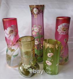 Legras'Marignan' Art Nouveau Chrysanthemum Enamelled Green Glass Vase. C1900 1