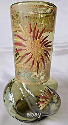 Legras'Marignan' Art Nouveau Chrysanthemum Enamelled Green Glass Vase. C1900 2