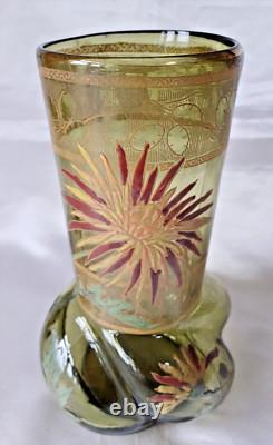 Legras'Marignan' Art Nouveau Chrysanthemum Enamelled Green Glass Vase. C1900 2