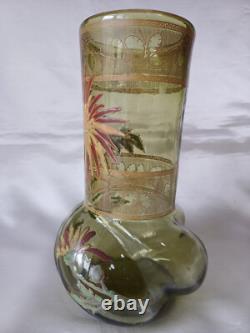Legras'Marignan' Art Nouveau Chrysanthemum Enamelled Green Glass Vase. C1900 2