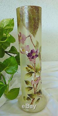 Legras Mont Joye 13 Art Glass Vase Hand Painted Flowers Leaves Nouveau Satin