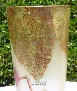 Legras Mont Joye 13 Art Glass Vase Hand Painted Flowers Leaves Nouveau Satin