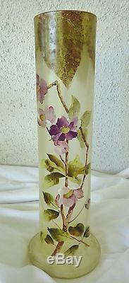 Legras Mont Joye 13 Art Glass Vase Hand Painted Flowers Leaves Nouveau Satin