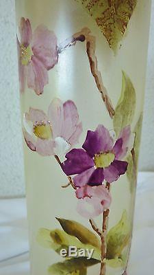 Legras Mont Joye 13 Art Glass Vase Hand Painted Flowers Leaves Nouveau Satin