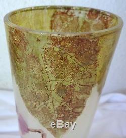 Legras Mont Joye 13 Art Glass Vase Hand Painted Flowers Leaves Nouveau Satin