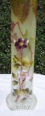 Legras Mont Joye 13 Art Glass Vase Hand Painted Flowers Leaves Nouveau Satin