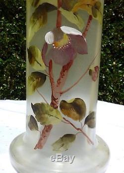 Legras Mont Joye 13 Art Glass Vase Hand Painted Flowers Leaves Nouveau Satin