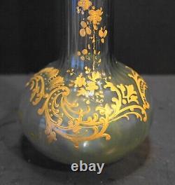 Legras Montjoye Green Gilded Enamel Art Nouveau Tall Vase Ruffle Rim