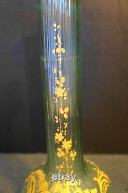 Legras Montjoye Green Gilded Enamel Art Nouveau Tall Vase Ruffle Rim