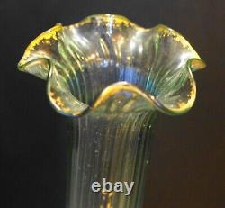 Legras Montjoye Green Gilded Enamel Art Nouveau Tall Vase Ruffle Rim