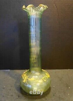 Legras Montjoye Green Gilded Enamel Art Nouveau Tall Vase Ruffle Rim