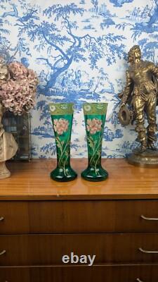 Legras-Montjoye Pair Of Green Enamelled Glass Vases With Flowers Art Nouveau