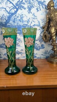 Legras-Montjoye Pair Of Green Enamelled Glass Vases With Flowers Art Nouveau