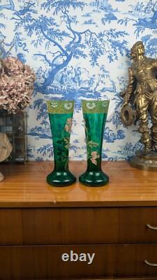 Legras-Montjoye Pair Of Green Enamelled Glass Vases With Flowers Art Nouveau