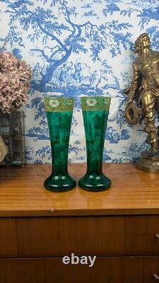 Legras-Montjoye Pair Of Green Enamelled Glass Vases With Flowers Art Nouveau