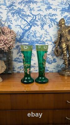 Legras-Montjoye Pair Of Green Enamelled Glass Vases With Flowers Art Nouveau
