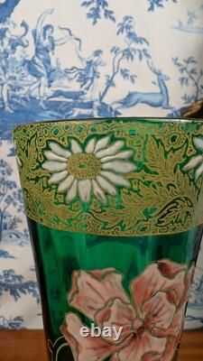 Legras-Montjoye Pair Of Green Enamelled Glass Vases With Flowers Art Nouveau