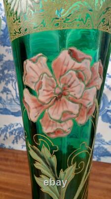 Legras-Montjoye Pair Of Green Enamelled Glass Vases With Flowers Art Nouveau