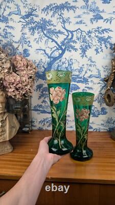 Legras-Montjoye Pair Of Green Enamelled Glass Vases With Flowers Art Nouveau