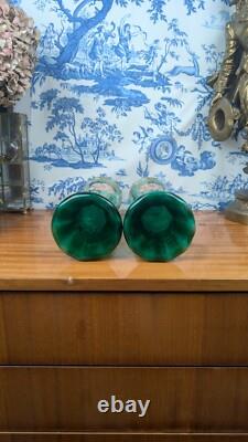 Legras-Montjoye Pair Of Green Enamelled Glass Vases With Flowers Art Nouveau