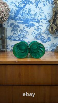 Legras-Montjoye Pair Of Green Enamelled Glass Vases With Flowers Art Nouveau