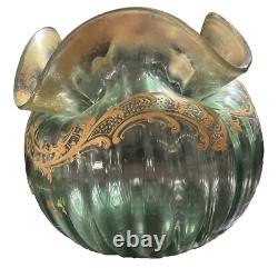 Legras Vase Bowl Ribbed Art Nouveau Green Gold Gilt Enameled Around 1900