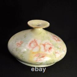 Limoges Squat Vase HandPainted 1890-1932 Pink Roses Green Leaves JPL Jean Pouyat