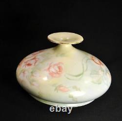 Limoges Squat Vase HandPainted 1890-1932 Pink Roses Green Leaves JPL Jean Pouyat