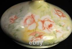 Limoges Squat Vase HandPainted 1890-1932 Pink Roses Green Leaves JPL Jean Pouyat