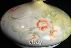 Limoges Squat Vase HandPainted 1890-1932 Pink Roses Green Leaves JPL Jean Pouyat