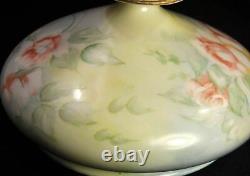 Limoges Squat Vase HandPainted 1890-1932 Pink Roses Green Leaves JPL Jean Pouyat