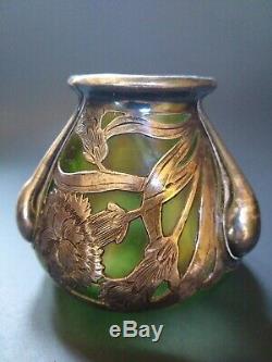 Loetz Alvin Art Nouveau, Silver Overlay Green teardrop drips flowers signed WOW